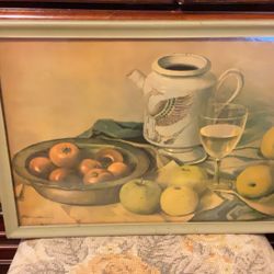 Rare Vintage Fruit And Wine Painting In Original Vintage Frame