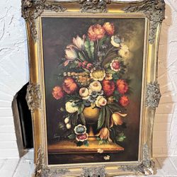 Vintage Floral Oil Painting Signed Pierry 30”Lx43.5”H