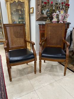 Pair of Beautiful Spanish Style Carved Wooden Cane Back & Leather Seat Armchairs🌷 $150 Each