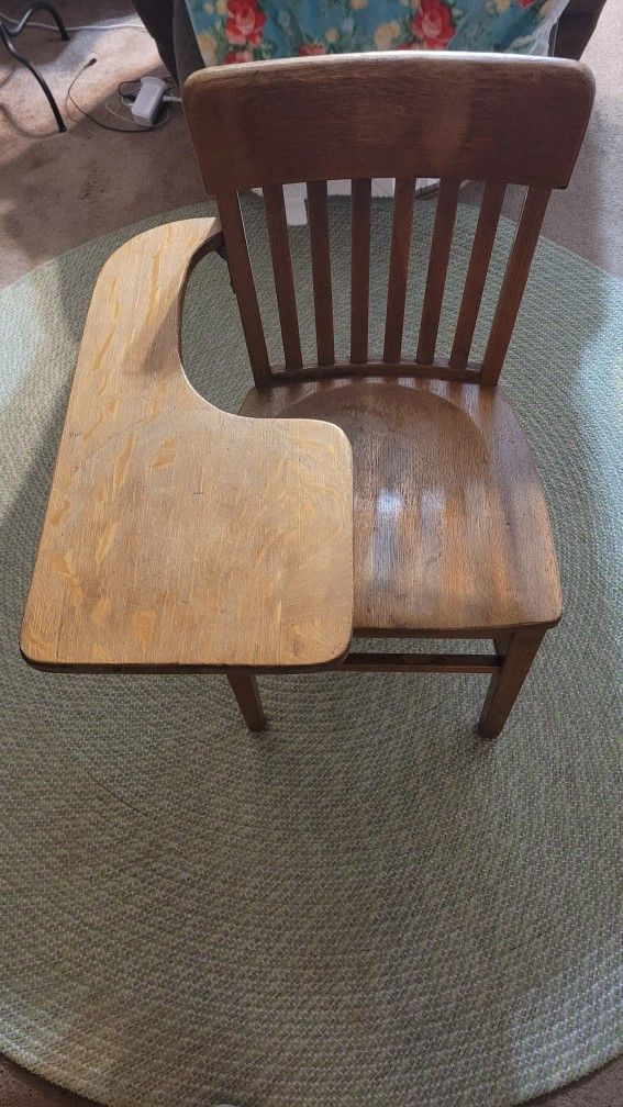 Vintage Antique Student Mission Oak Wood School Chair & Attached Desk