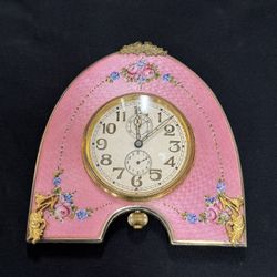 Antique French Pink Enamel Sterling Guilloche Clock w/Flowers & Gold Trim