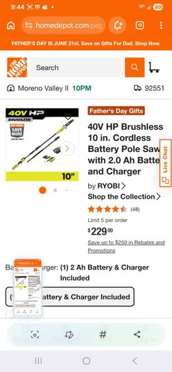 Ryobi 10" 40 volt cordless pole saw kit