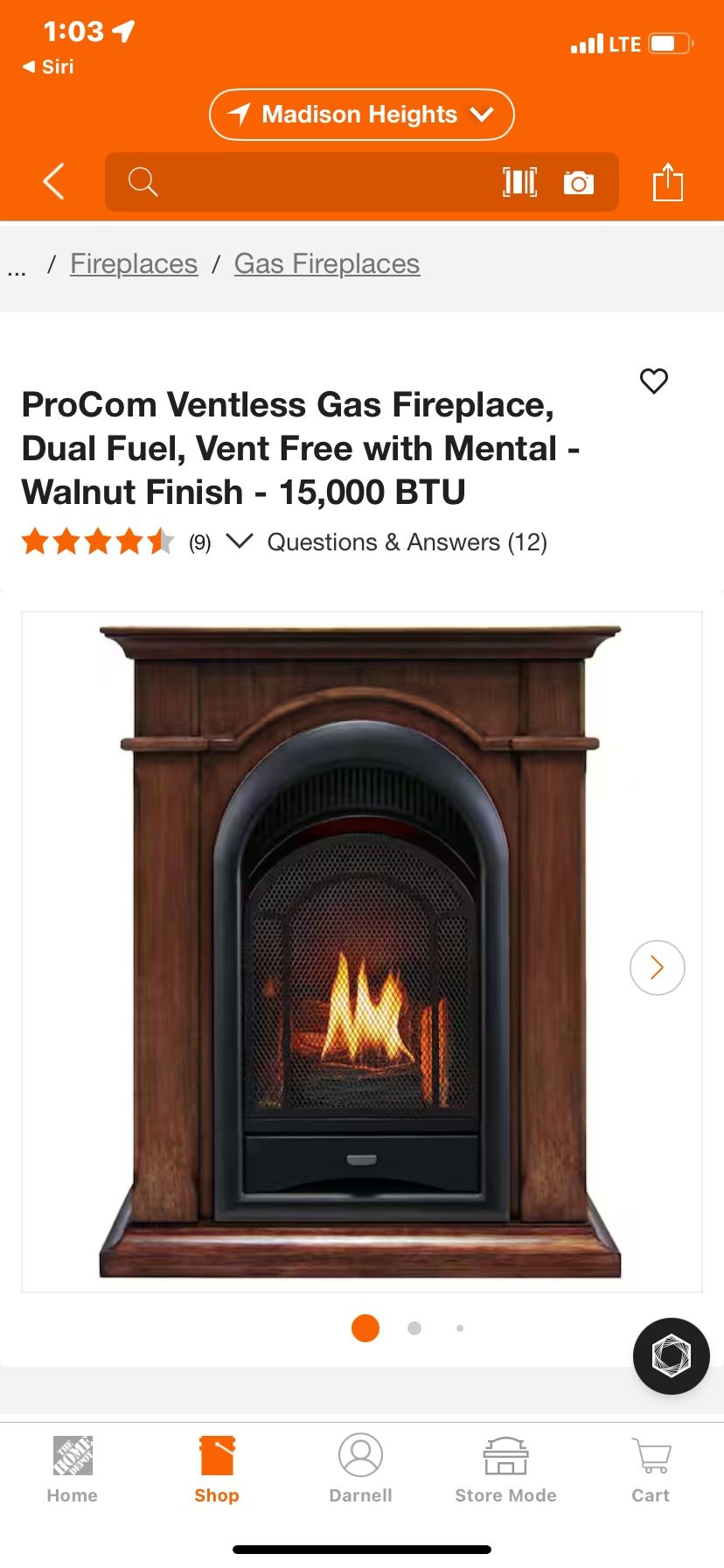 Ventless natural gas fireplace