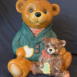 Vintage Teddy Bear With Green Sweater Cookie Jar