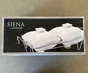 NEW in Box Godinger Siena Double Chafing Dish Set with Two 1-quart White Porcelain Covered Bakers
