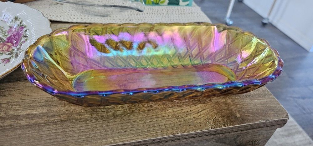 Indiana Glass Marigold Pretzel Pattern Carnival Glass Dish