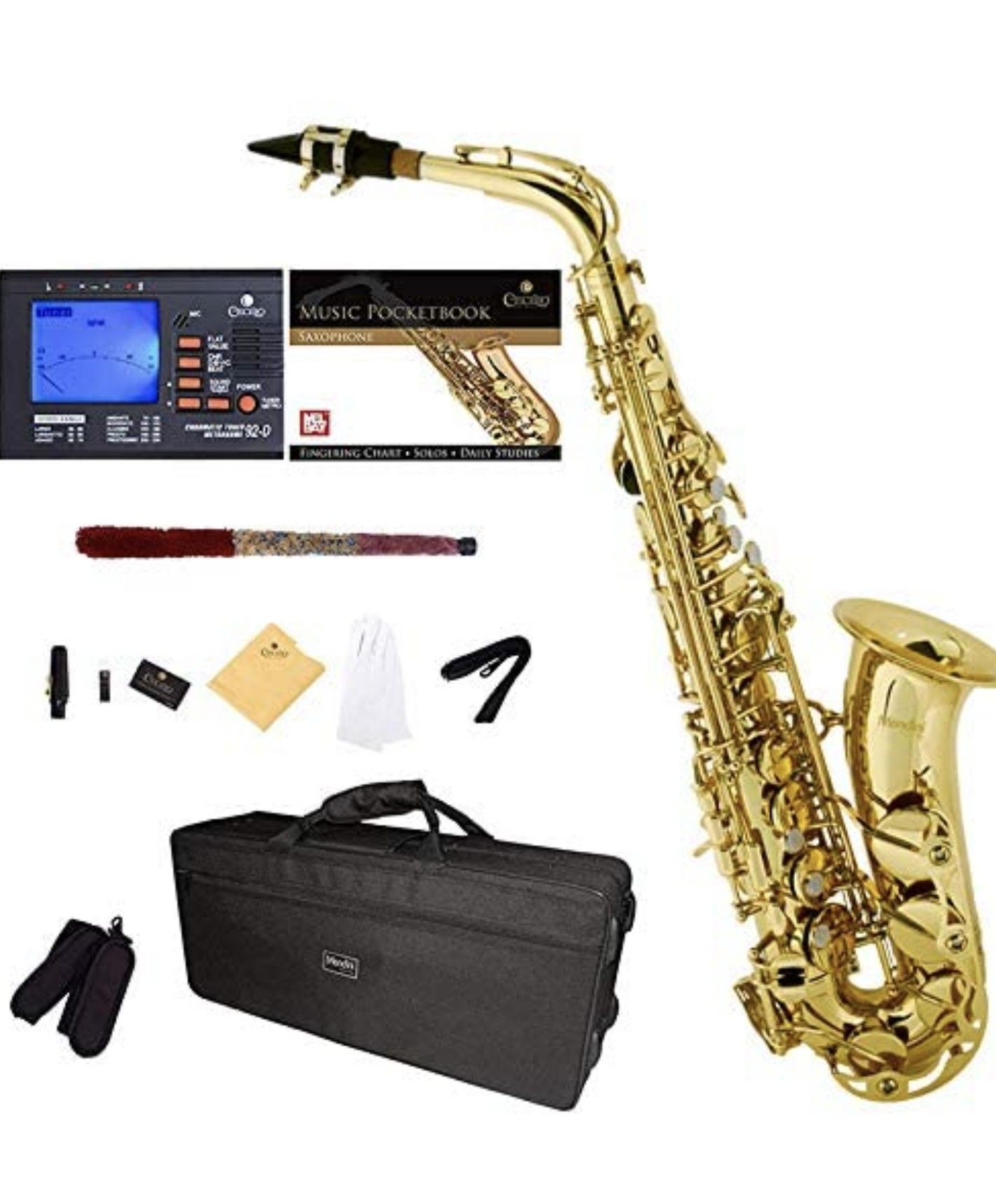 Mendini by Cecilio E-Flat Alto Saxophone, Gold Lacquered + Tuner, Case, Pocketbook