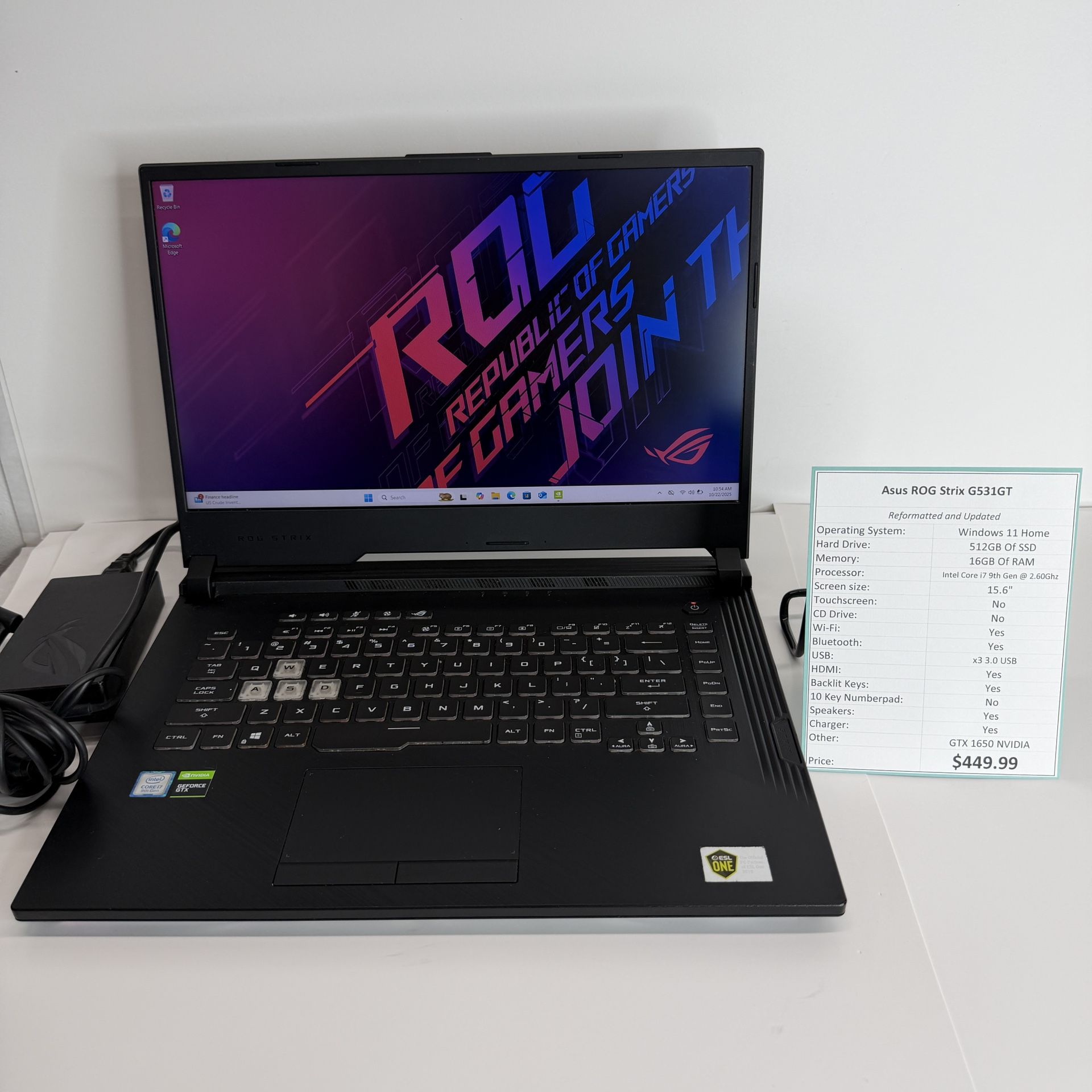15.6” ASUS ROG Strix G531GT Gaming Laptop - NVIDIA GTX 1650