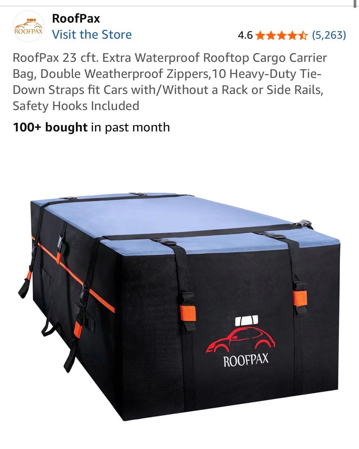 Never used - open box - RoofPax 23 cft. Extra Waterproof Rooftop Cargo Carrier Bag, Double Weatherproof Zippers,10 Heavy-Duty Tie-Down Straps fit Cars