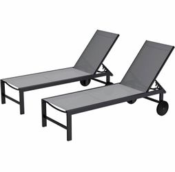 2 PCS Outdoor Chaise Lounges Chair with Wheels Aluminum Reclining Patio Lounge Chairs with 5 Adjusta
