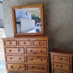 WOODEN DRESSER WITH MIRROR AND NIGHT STAND 