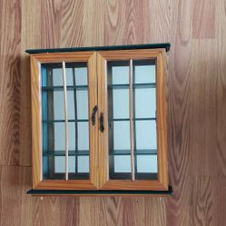 Vintage Curio Wood Display Hanging Cabinet With Shelves and Glass Doors Mirror