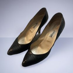 Cesar London Vintage Court Black Heels Leather Size 8/38.5 Made In Italy 