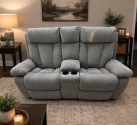 Gray Reclining Loveseat w/ Center Console & Cup Holders