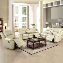 Beige Reclining Couch 3-Pc Set — Sofa • Loveseat • Chair