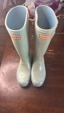 Hunter Kids Tall Rain Boots US 2 UK 1 EU 33 Light Blue Glitter Girls