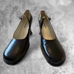 Black leather Unlisted Mary Jane heels with silver buckle detail #heels #buckles #goth