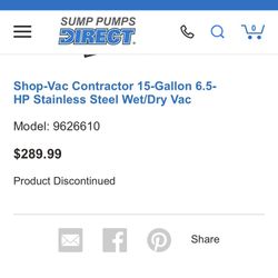 Shop Vac Contractors Wet/dry 15 Gallon  6.25 Peak Hp