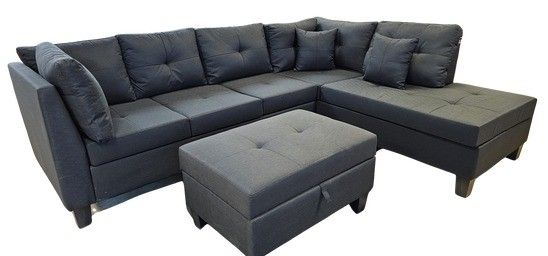 Open Box Floor Sample Black Sectional With Storage Ottoman