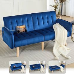 1618d  62.99" W Velvet Modern Convertible Folding Futon Couch Sofa Bed w/ 2 USB Charging Ports for Compact Living Space, Small Couches for Office, Dor