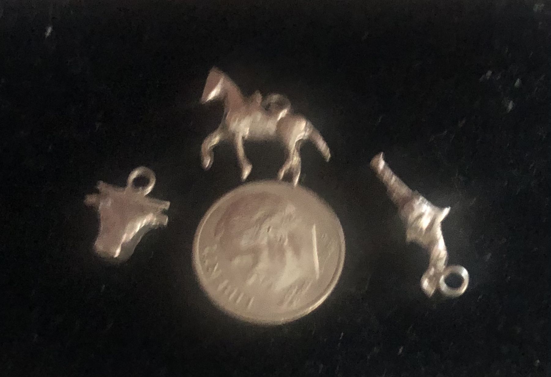 3 Vintage Sterling Silver Horse/Pistol/Bull Bracelet Charms-I Don’t Clean Silver