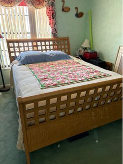 Queen bed with mattress, boxspring, and frame