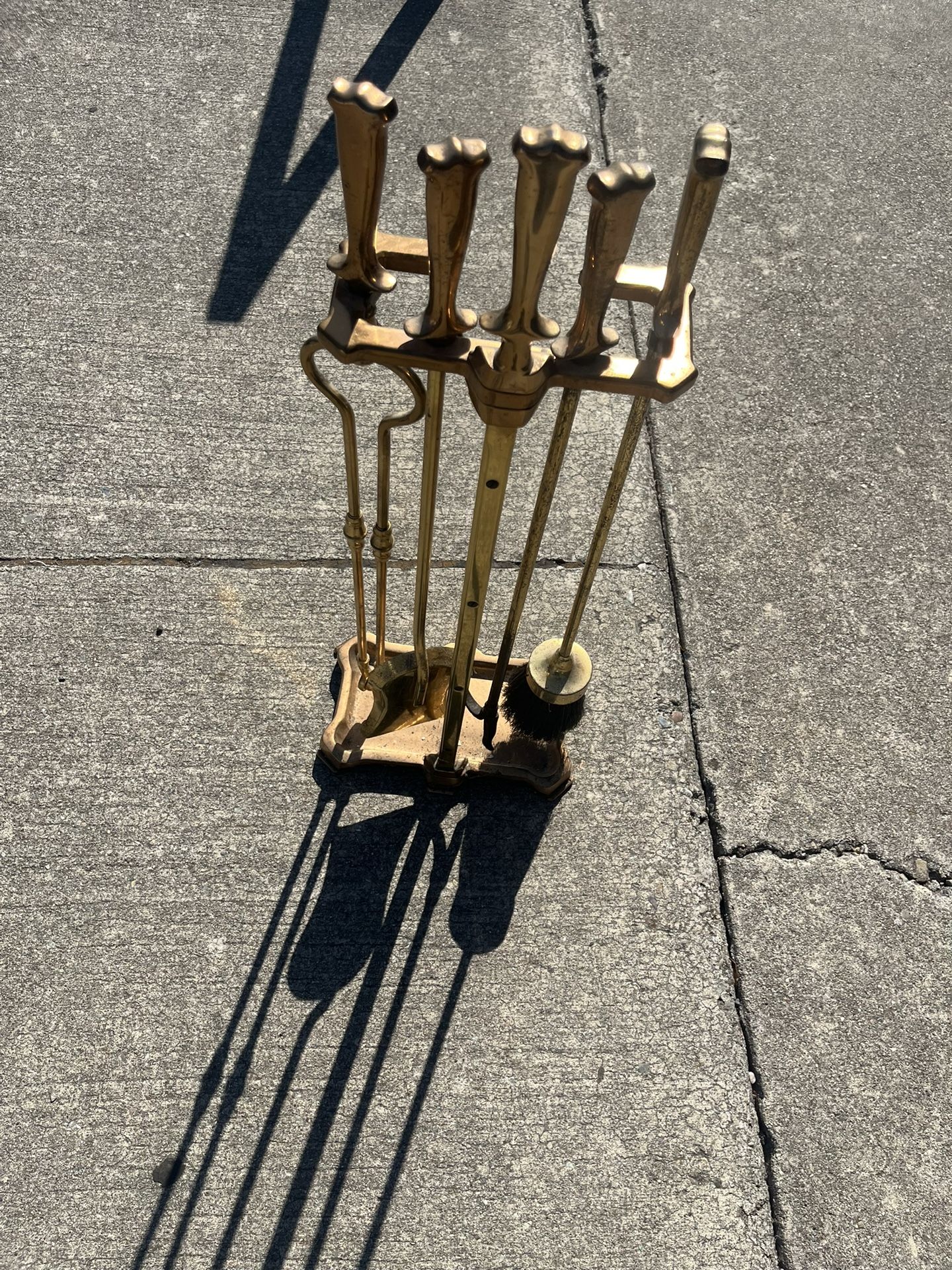 vintage brass fireplace tool set with stand (shovel, poker, brush, and tongs)
