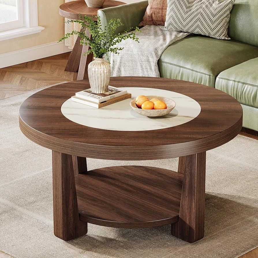 Coffee Table, 2-Tier Round Coffee Table with Heavy-Duty Wood Tabletop for Living Room, NEW