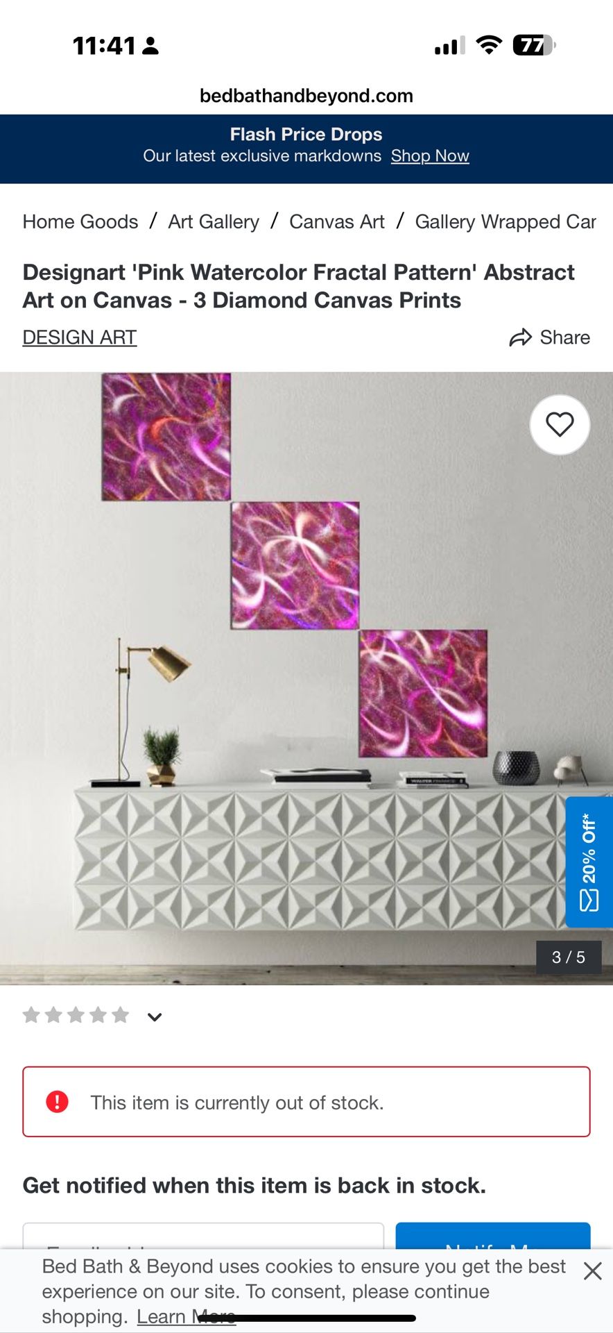 Designart 'Pink Watercolor Fractal Pattern' Abstract Art on Canvas - 3 Diamond Canvas Prints