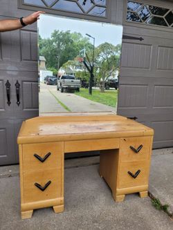 Vintage MCM Sears Harmony House blonde wood double pedestal desk / vanity w/ Mirror