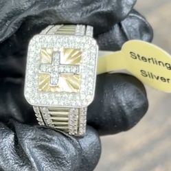 Ring Iced Out Jesus Cross Gold Plated 925 Sterling Silver Brand New Ring