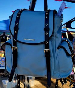 Michael Kors Buckle Backpack - Light Blue w/ Black & Gold Tone Chain Straps