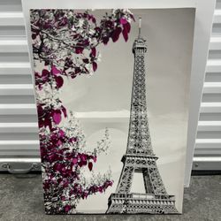 Canvas print of the Eiffel Tower w colorization,magenta & white cherry blossoms