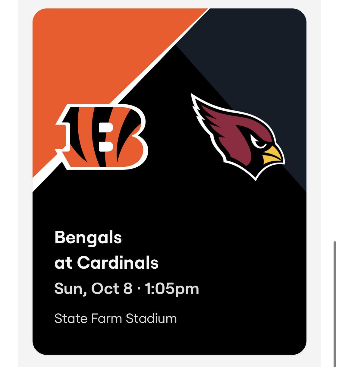 AZ Cardinals vs CIN Bengals- (10/8/23), Price Per Ticket for Sale in  Phoenix, AZ - OfferUp