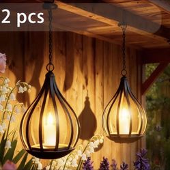 2 Pack Solar Hanging Lantern Flickering Flame Outdoor Garden Light 