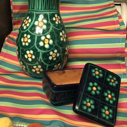  Mexican Artisan Pottery Vase & Trinket Box - Hand-painted