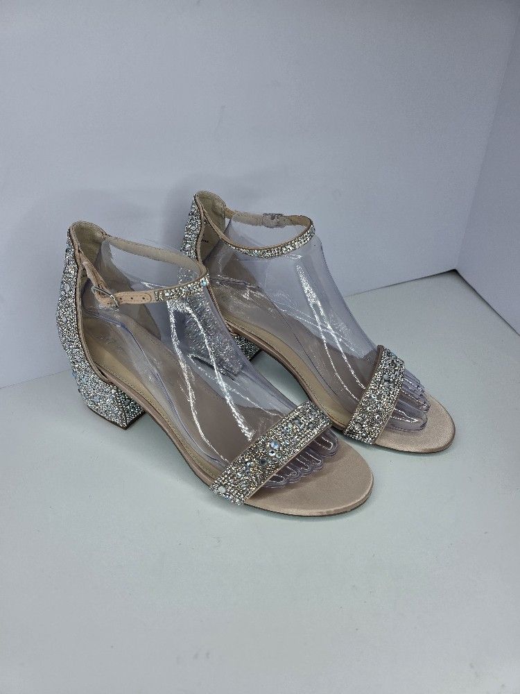 Betsey Johnson Mari Women Sandal 9 WIDE Block Heel Glass Upper Rhinestones Shiny