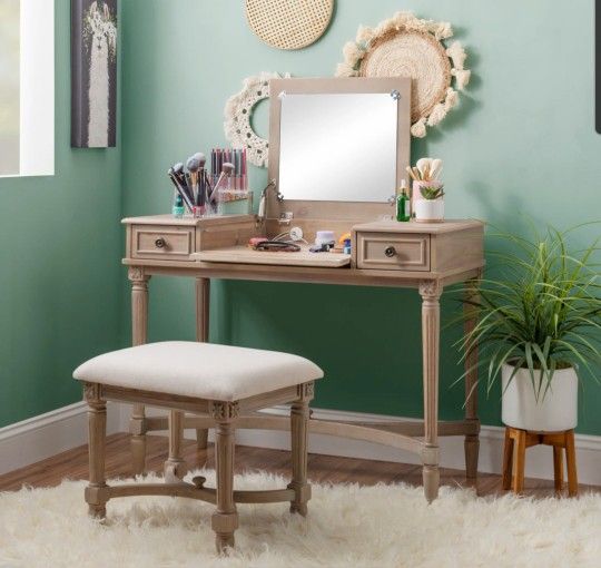 June Natural Two Drawer Vanity Set with Stool- Like New!