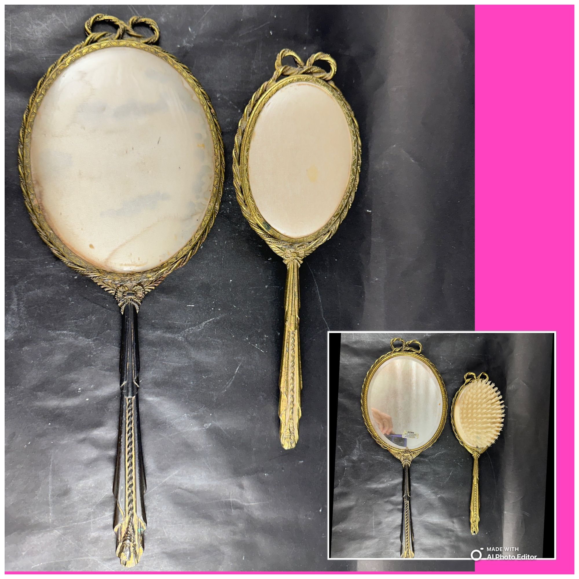 2 pc Vintage Gold Plated Ornate Hand Mirror & Brush Set