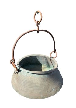 Large Antique Hand-Hammered Copper Cauldron w/ Wrought Iron Handle 13 Inches
