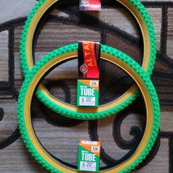 NEW Bicycle Bmx Bike Tires 20" Green Gumwall Knobby Pattern 