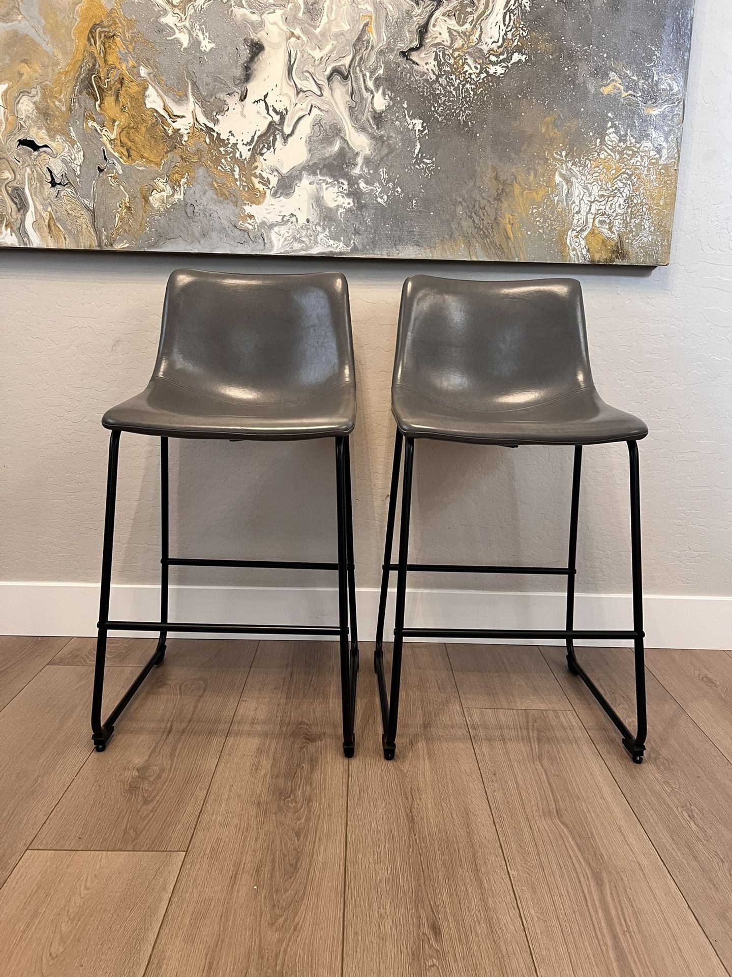 TWO Grey Leather & Black Metal Counter Chairs- Bar Stools- Counter Height Stools