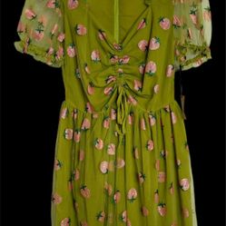 Unique Vintage (N) Avocado & Pink Strawberry Woodstock Flare Dress Sz M NWT