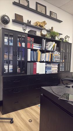Large Black Wood Bookcase with Glass Doors