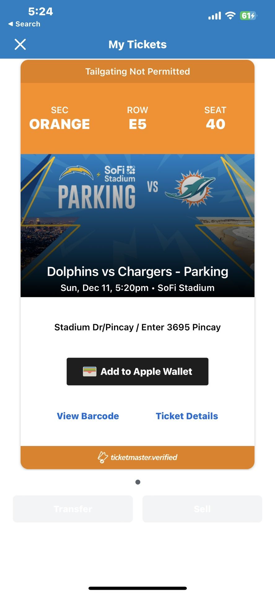 Miami Dolphins Vs Los Angeles Chargers Orange Parking Pass