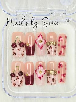 Acrylic Handmade Press-On Nails Set – Floral & Leopard