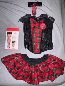 Red Plaid Schoolgirl Costume Set with stockings