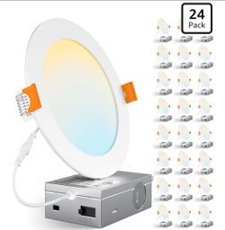 24 Pack 6 Inch Ultra-Thin 5CCT LED Recessed Ceiling Light,Canless
1050LM, 2700K-5000K Selectable,12W Eqv 110W,5%-100% Dimmable,Wafer Downlights with J