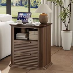 22'' Fluted Nightstand with Charging Station, Modern End Table with 2 Drawers and Open Storage,