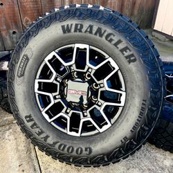 New 2026 18” GMC Sierra 2500 AT4X OEM Wheels and 35” Goodyear Territory Mud Tires 95% Tread
